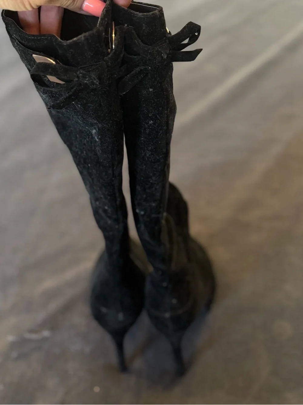 VENUS Black Suede Over-the-Knee Stiletto Boots with Bow Accent